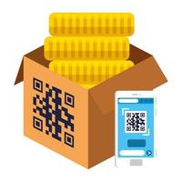 codice QR su monete scatola e disegno vettoriale smartphone