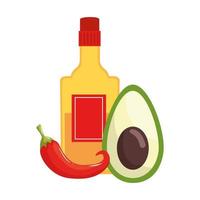 isolato bottiglia di tequila messicana avocado e peperoncino disegno vettoriale