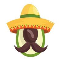 isolato avocado messicano con cappello e baffi disegno vettoriale