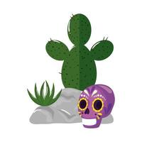 teschio messicano isolato e disegno vettoriale cactus
