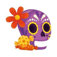 teschio messicano isolato con disegno vettoriale di fiori e caramelle