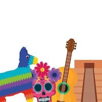 isolato messicano pinata cranio chitarra e disegno vettoriale piramide