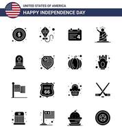 Stati Uniti d'America contento indipendenza pictogram impostato di 16 semplice solido glifi di tomba Stati Uniti d'America giorno statua libertà modificabile Stati Uniti d'America giorno vettore design elementi