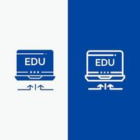 il computer portatile hardware freccia formazione scolastica linea e glifo solido icona blu bandiera vettore