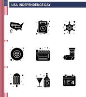 Stati Uniti d'America contento indipendenza pictogram impostato di 9 semplice solido glifi di film cinema uomini stella distintivo modificabile Stati Uniti d'America giorno vettore design elementi