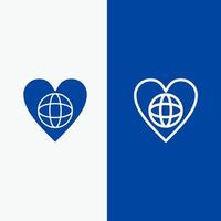 ecologia ambiente mondo cuore piace linea e glifo solido icona blu bandiera linea e glifo solido icona blu bandiera vettore