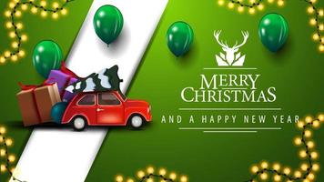 buon natale, cartolina verde con ghirlande, palloncini, logo di saluto con cervi e auto d'epoca rossa che trasportano albero di Natale vettore