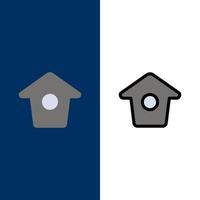 birdhouse Tweet cinguettio icone piatto e linea pieno icona impostato vettore blu sfondo