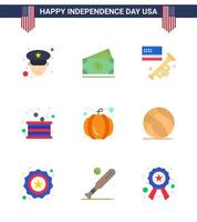 Stati Uniti d'America contento indipendenza pictogram impostato di 9 semplice appartamenti di zucca indipendenza altoparlante indipendenza tamburo modificabile Stati Uniti d'America giorno vettore design elementi