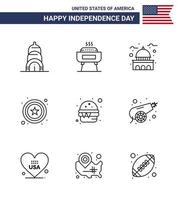 9 Stati Uniti d'America linea imballare di indipendenza giorno segni e simboli di cibo hamburger Casa cartello polizia modificabile Stati Uniti d'America giorno vettore design elementi