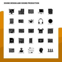 25 suono design e suono produzione icona impostato solido glifo icona vettore illustrazione modello per ragnatela e mobile idee per attività commerciale azienda