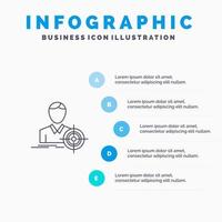 uomo messa a fuoco bersaglio obbiettivo linea icona con 5 passaggi presentazione infografica sfondo vettore