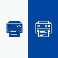 stampante Stampa stampa formazione scolastica linea e glifo solido icona blu bandiera vettore