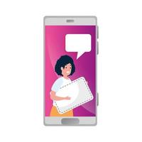 smartphone e donna con il fumetto sullo schermo vettore