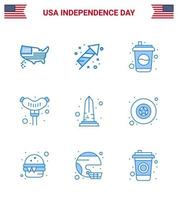 imballare di 9 Stati Uniti d'America indipendenza giorno celebrazione blues segni e 4 ° luglio simboli come come vista punto di riferimento bottiglia salsiccia cibo modificabile Stati Uniti d'America giorno vettore design elementi