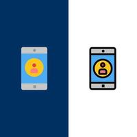 applicazione mobile mobile applicazione profilo icone piatto e linea pieno icona impostato vettore blu sfondo