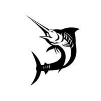 blue marlin pesce che salta scudo stemma retrò in bianco e nero vettore