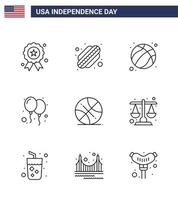 Stati Uniti d'America indipendenza giorno linea impostato di 9 Stati Uniti d'America pittogrammi di gli sport backetball palla festa celebrare modificabile Stati Uniti d'America giorno vettore design elementi