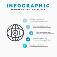 mondo globo Internet dollaro linea icona con 5 passaggi presentazione infografica sfondo vettore