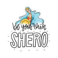 Lettering about Women's Day With Super Hero Donna con lunghi capelli blu