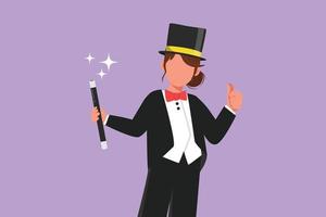 personaggio piatto disegno bellezza femmina mago nel smoking completo da uomo con gesto pollici su indossare cappello e Tenere Magia bastone pronto per intrattenere pubblico nel circo mostrare. cartone animato design vettore illustrazione