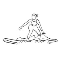 linea arte donna nel abbigliamento sportivo in piedi su Surf tavola illustrazione vettore mano disegnato isolato su bianca sfondo