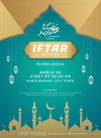 Ramadan iftar invito modello con un' distintivo islamico design nel d'oro turchese sfumature vettore