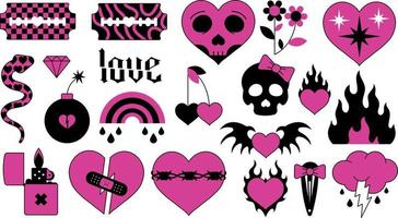 vettore impostato di elementi nel n2d stile, kawaii emo illustrazione nero e rosa