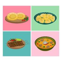 impostato di piatti di caucasico cucina. tradizionale asiatico cibo. veloce cibo, strada cibo. vettore illustrazione. cartone animato.