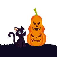 zucche di Halloween con icona isolata di gatto vettore