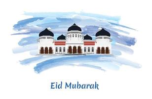 eid mubarak saluto con Masjid raya baiturrahman nanggroe Aceh darussalam vettore illustrazione, isolato su blu artistico acquerello pittura spazzola sfondo.