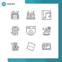 9 tematico vettore lineamenti e modificabile simboli di Camera mobile album applicazione canzoni modificabile vettore design elementi