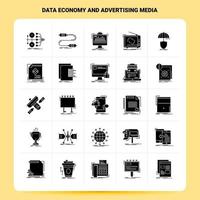 solido 25 dati economia e pubblicità media icona impostato vettore glifo stile design nero icone impostato ragnatela e mobile attività commerciale idee design vettore illustrazione