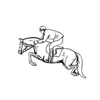 equestre e spettacolo di cavalli che salta stadio di salto o salto aperto vista laterale retrò in bianco e nero vettore
