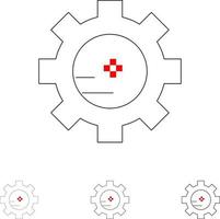 Ingranaggio ambientazione laboratorio chimica grassetto e magro nero linea icona impostato vettore