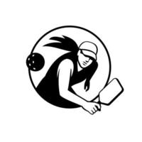 giocatore femminile pickleball con pagaia all'interno del cerchio retrò in bianco e nero vettore