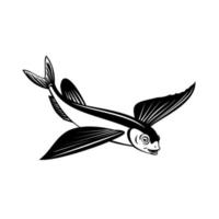 pesce volante pinna vela o codino volante vista laterale retrò in bianco e nero vettore