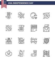 16 Stati Uniti d'America linea segni indipendenza giorno celebrazione simboli di dichiarazione hot dog americano americano palla modificabile Stati Uniti d'America giorno vettore design elementi
