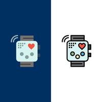 attività dispositivo fitness battito cardiaco monitoraggio icone piatto e linea pieno icona impostato vettore blu sfondo