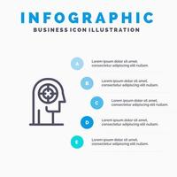 freccia concentrazione messa a fuoco testa umano linea icona con 5 passaggi presentazione infografica sfondo vettore