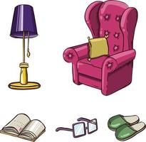 un' impostato di mobilia per riposo e dormire è colorato. divano, poltrona, letto. illustrazione vettore