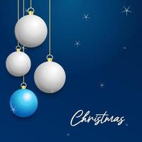 Natale blu sfondo con sospeso splendente bianca e argento palle. allegro Natale saluto carta vettore