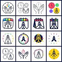 tempo di pregare insieme logo vettoriale. collectio di pregare icona mani con orologio o calendario vettore