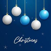 Natale blu sfondo con sospeso splendente bianca e argento palle. allegro Natale saluto carta vettore