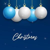 Natale blu sfondo con sospeso splendente bianca e argento palle. allegro Natale saluto carta vettore