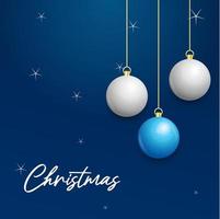 Natale blu sfondo con sospeso splendente bianca e argento palle. allegro Natale saluto carta vettore