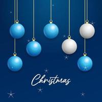 Natale blu sfondo con sospeso splendente bianca e argento palle. allegro Natale saluto carta vettore