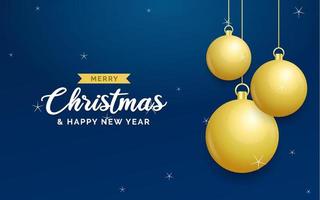 Natale blu sfondo con sospeso splendente d'oro palle. allegro Natale saluto carta. vacanza natale e nuovo anno manifesto. ragnatela bandiera vettore