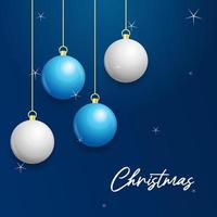 Natale blu sfondo con sospeso splendente bianca e argento palle. allegro Natale saluto carta vettore