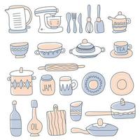 collezione di bicchieri, stoviglie e pentole. set di utensili da cucina per cucinare in casa e strumenti per la preparazione del cibo isolati su sfondo bianco. illustrazione vettoriale colorata in stile doodle.